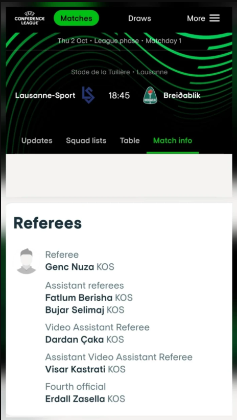 Genc Nuza me shokë cakohen ta gjykojnë ndeshjen e Ligës së Konferencës 3 screenshot 2025 09 30 115012
